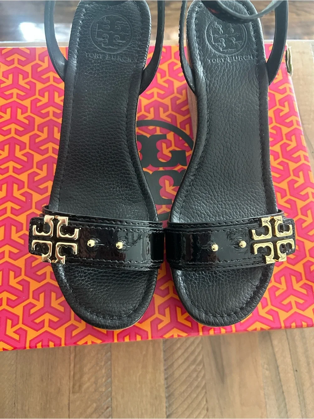 Tory Burch Black Patent Leather Wedge Sandals with Gold Logo